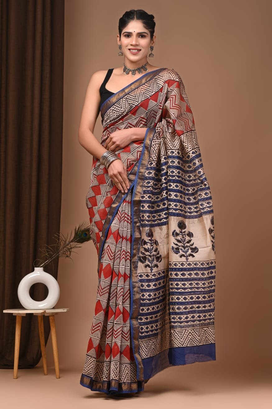 Maheshwari Hand Block Printed Saree