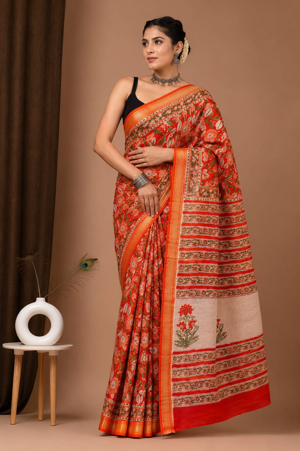 Maheshwari Hand Block Printed Saree