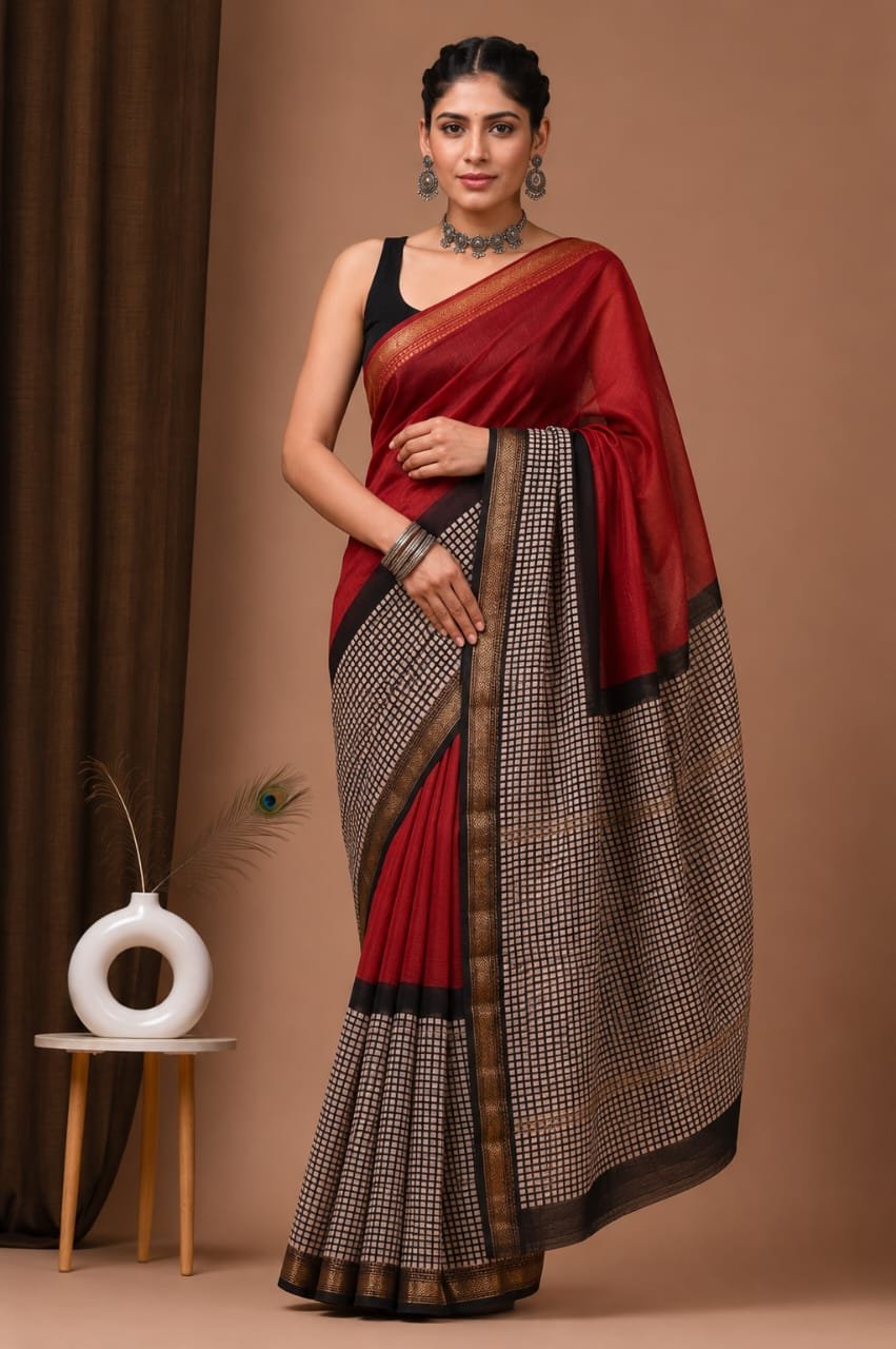 Maheshwari Hand Block Printed Saree