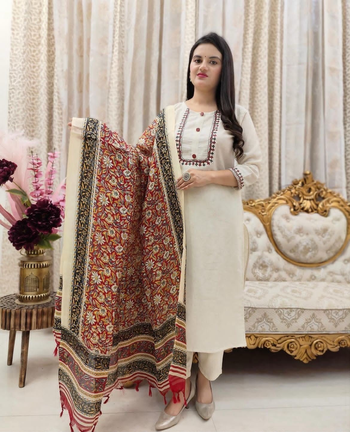 Cotton Flex Embroidered Stitched Suit Set