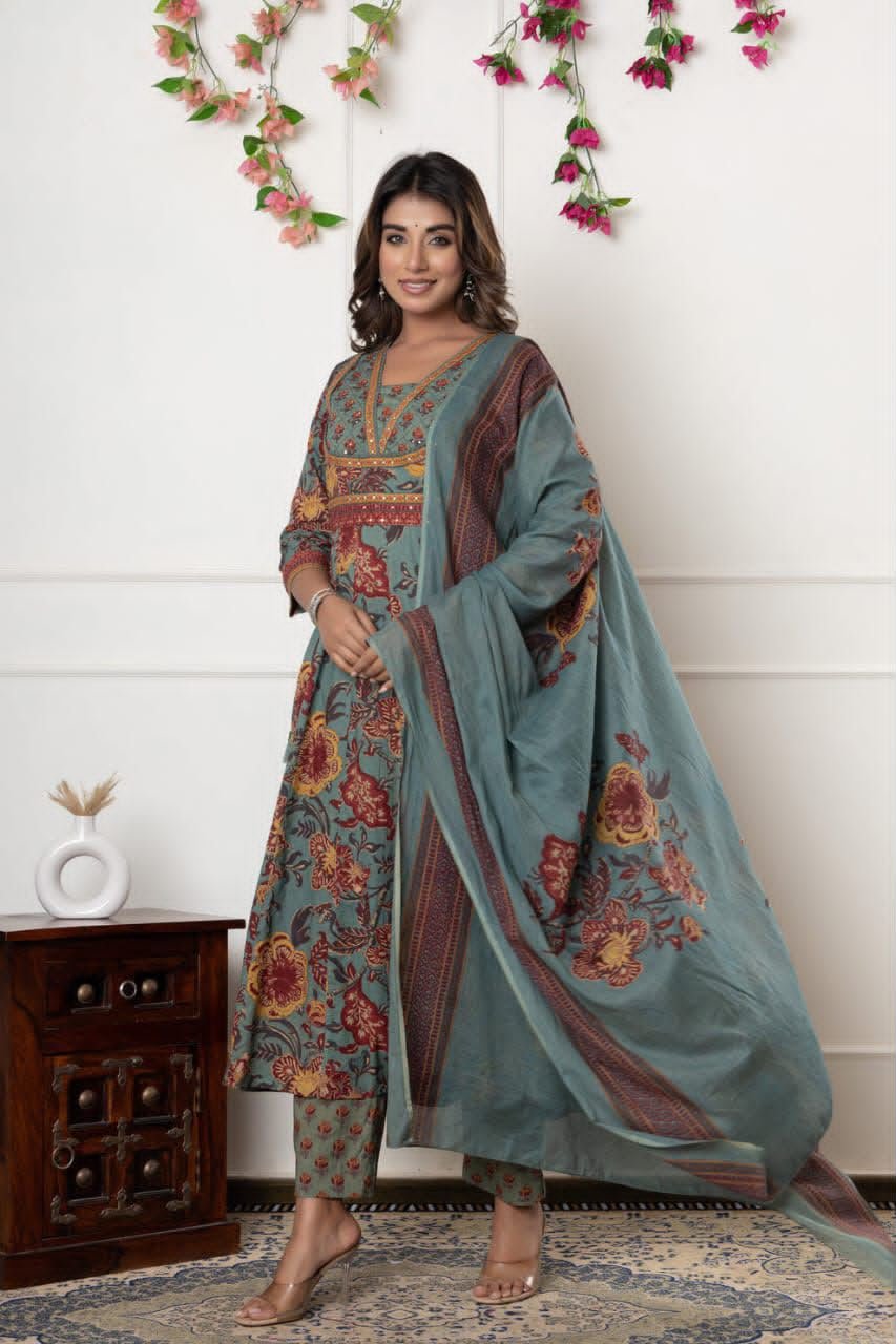 Cotton Printed Anarkali Stitched Suit Set