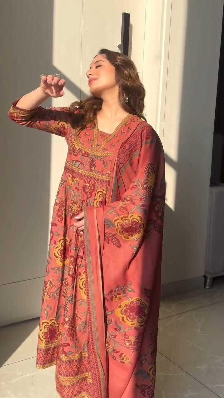 Cotton Printed Anarkali Stitched Suit Set