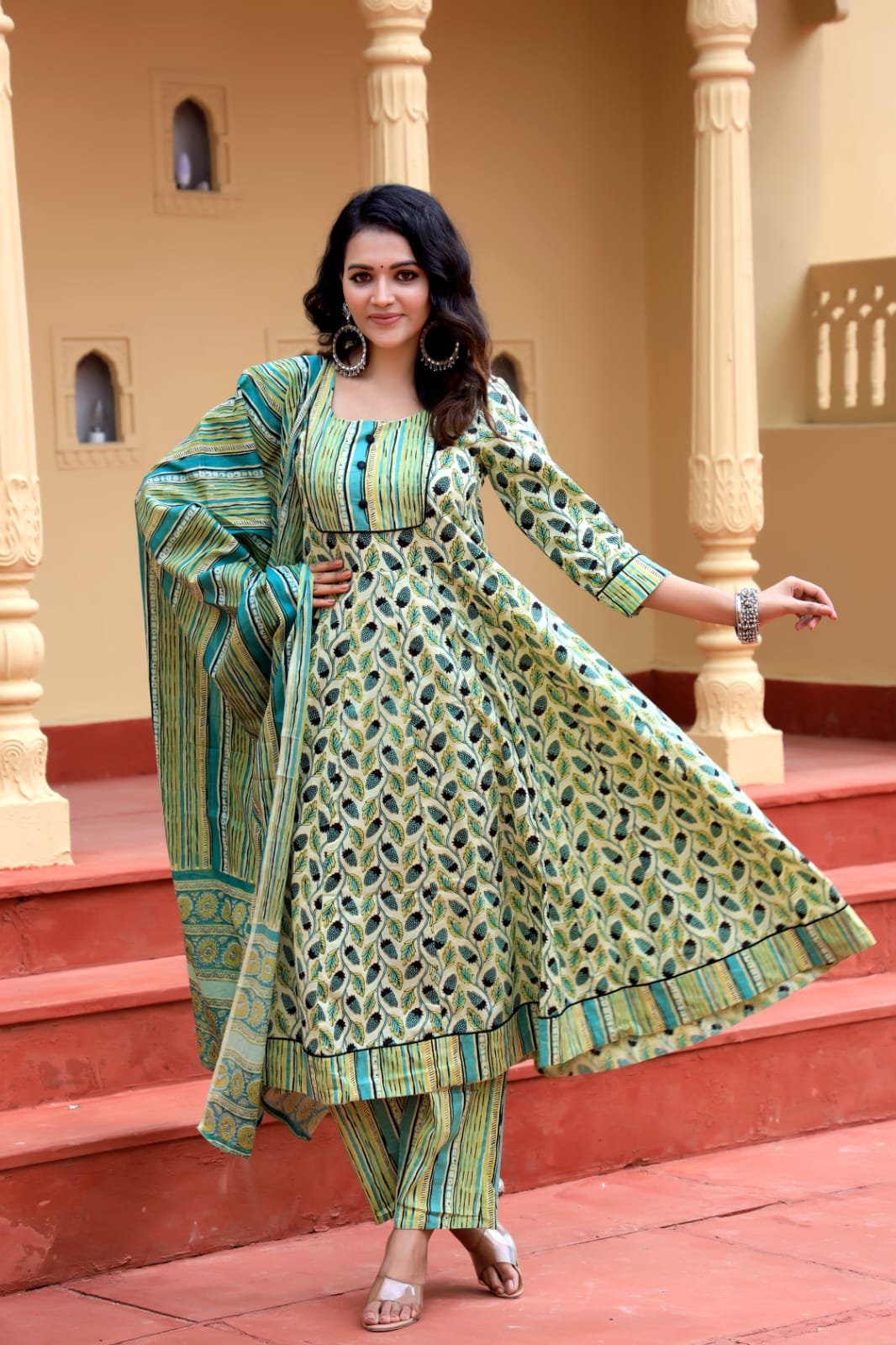 Cotton Printed Anarkali Stitched Suit Set