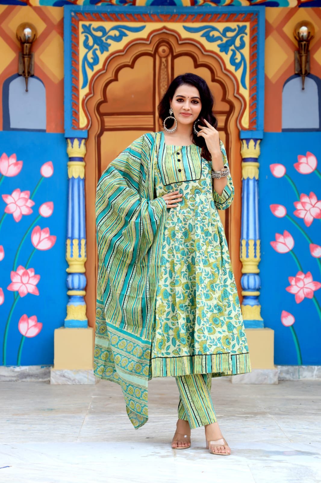 Cotton Printed Anarkali Stitched Suit Set