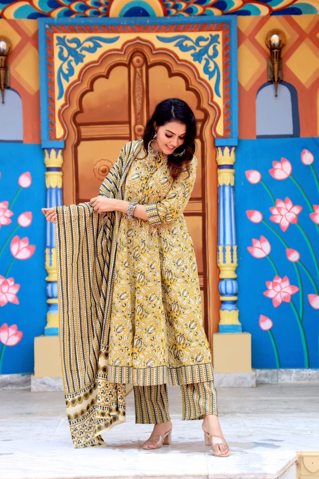 Cotton Printed Anarkali Stitched Suit Set