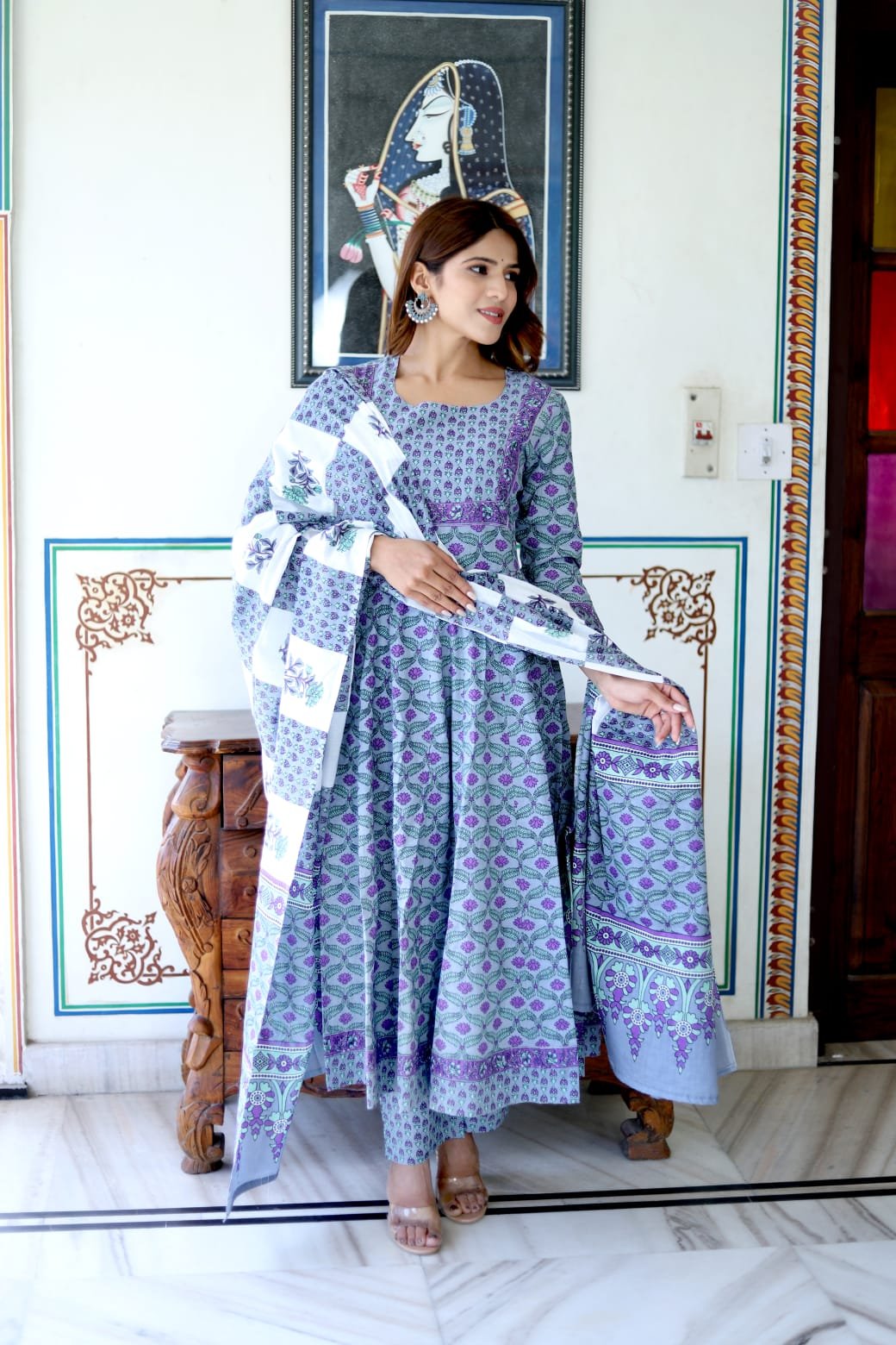 Cotton Printed Anarkali Stitched Suit Set