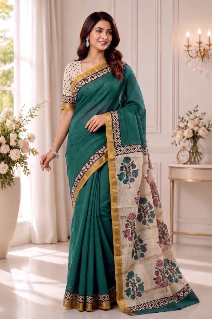 Hand Block Printed Rib Maheshwari Saree
