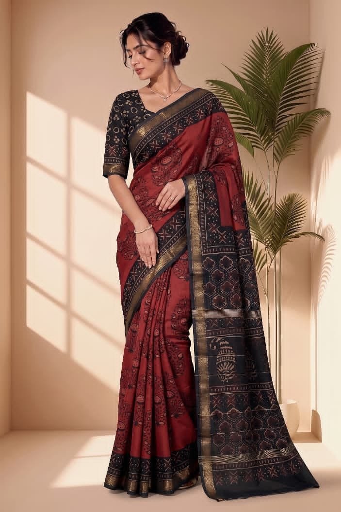 Hand Block Printed Rib Maheshwari Saree