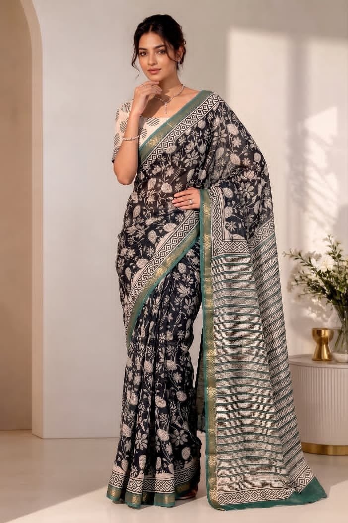 Hand Block Printed Rib Maheshwari Saree