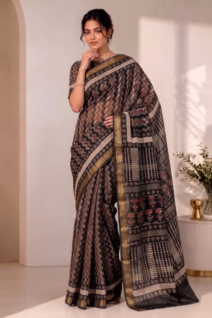 Hand Block Printed Rib Maheshwari Saree