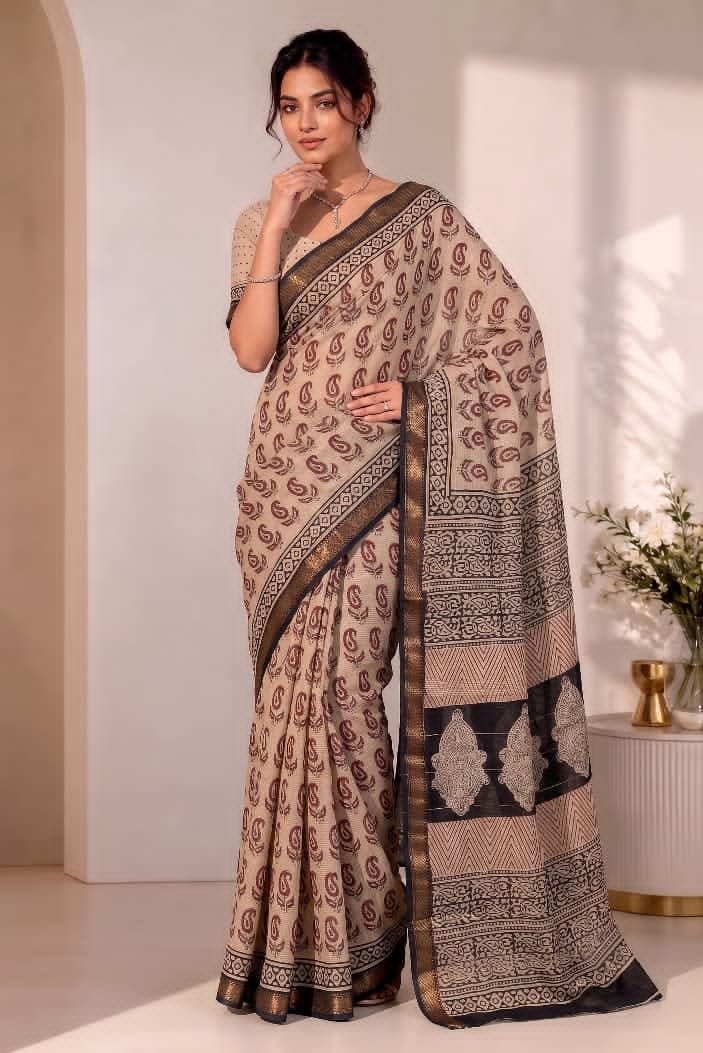 Hand Block Printed Rib Maheshwari Saree