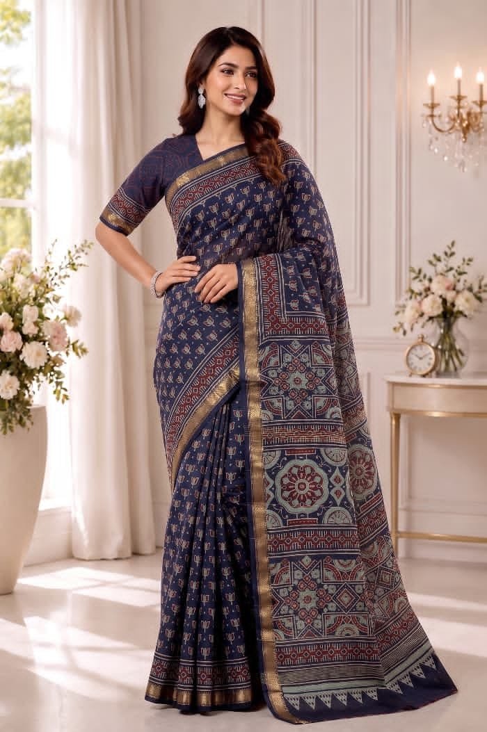 Hand Block Printed Rib Maheshwari Saree
