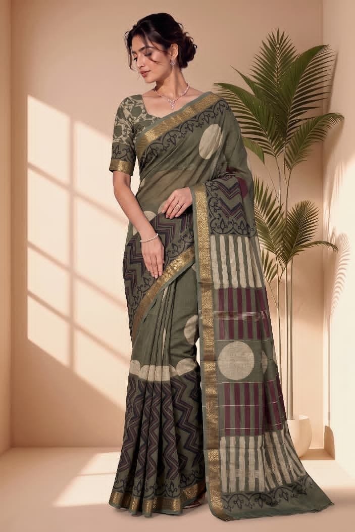 Hand Block Printed Rib Maheshwari Saree
