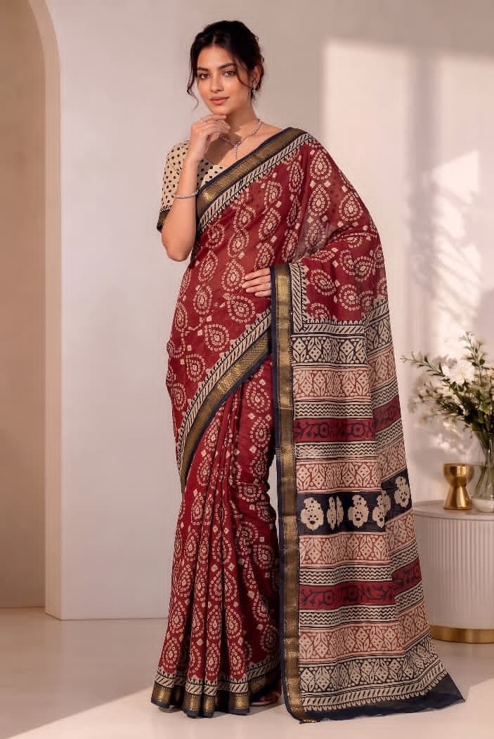 Hand Block Printed Rib Maheshwari Saree
