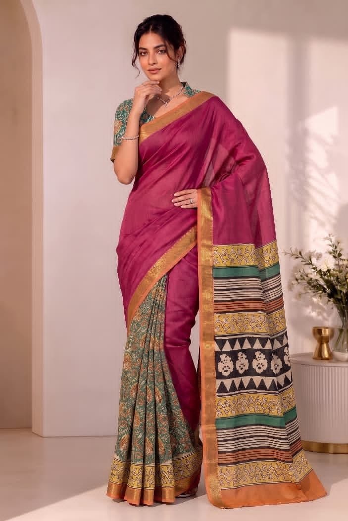 Hand Block Printed Rib Maheshwari Saree