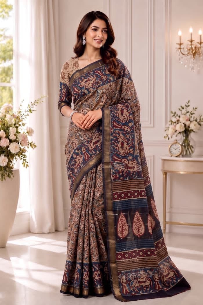 Hand Block Printed Rib Maheshwari Saree
