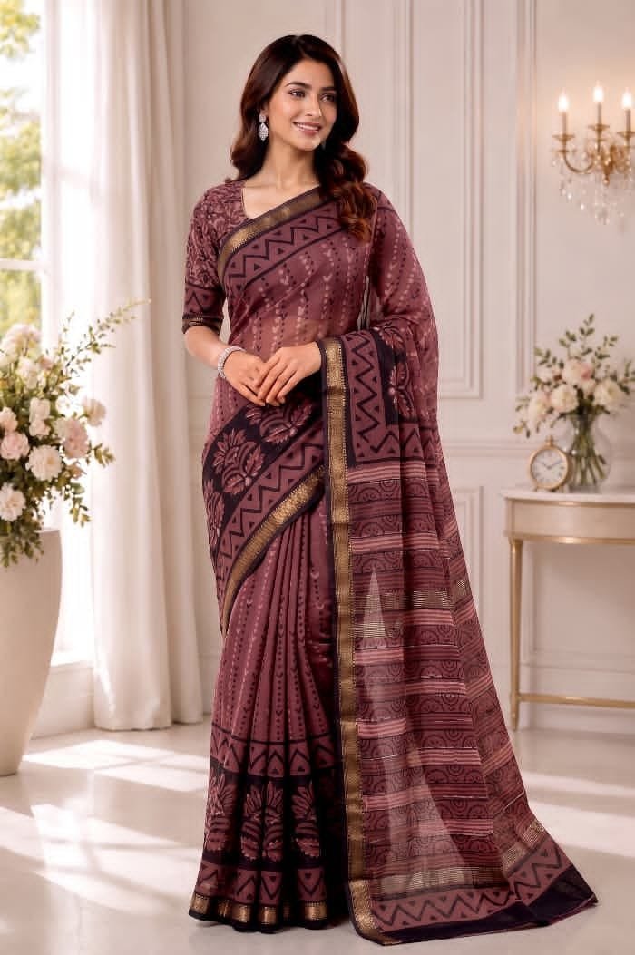 Hand Block Printed Rib Maheshwari Saree
