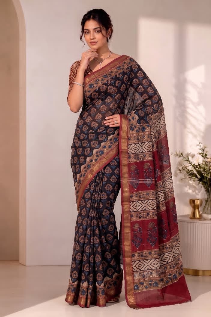 Hand Block Printed Rib Maheshwari Saree