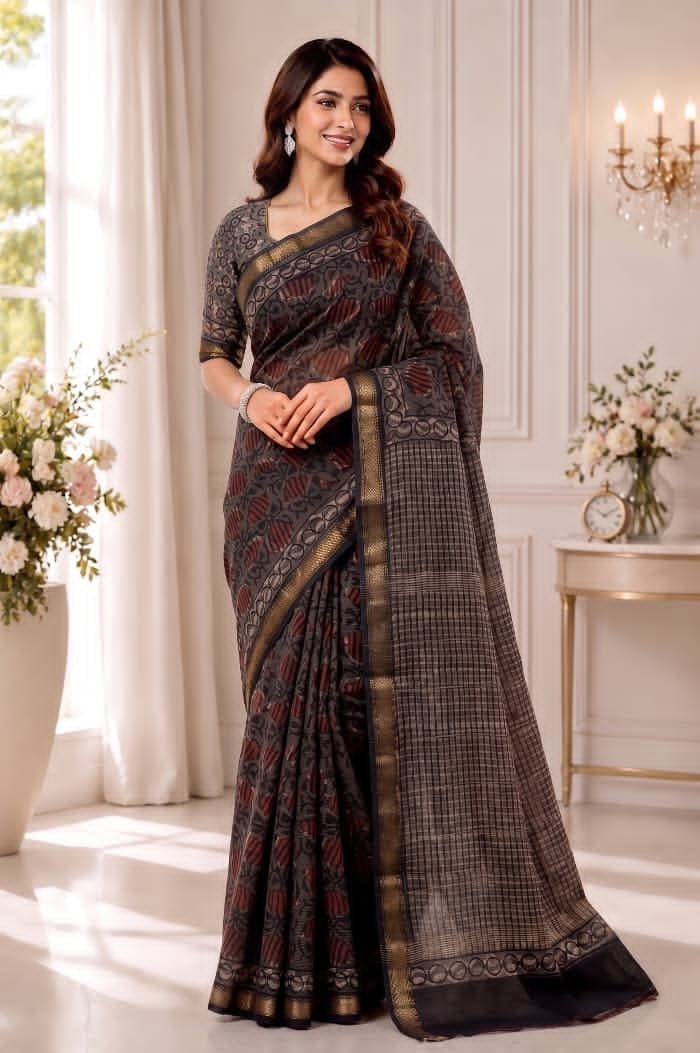 Hand Block Printed Rib Maheshwari Saree