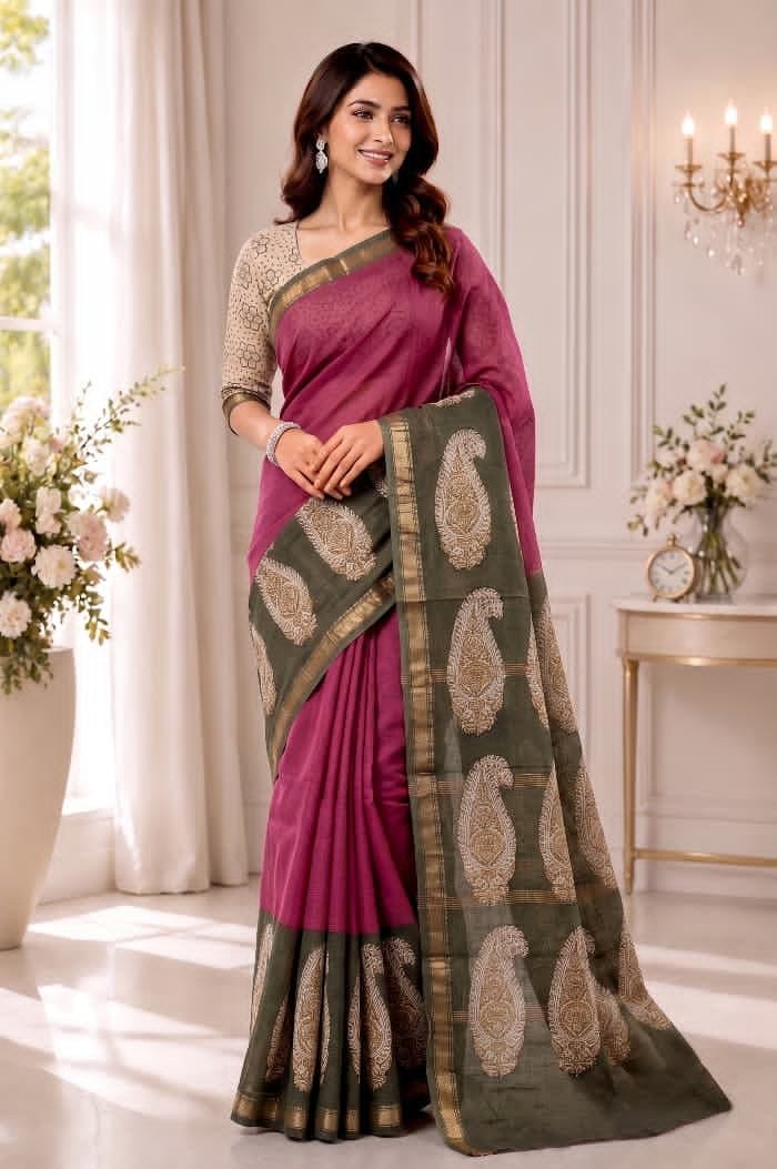 Hand Block Printed Rib Maheshwari Saree