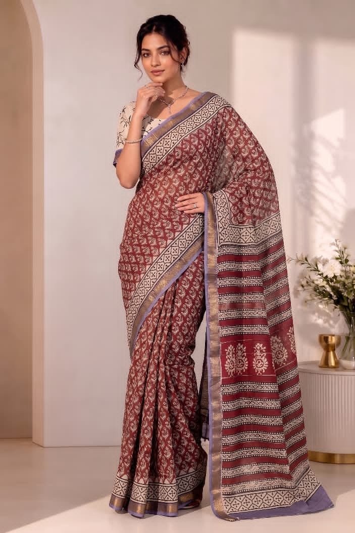 Hand Block Printed Rib Maheshwari Saree