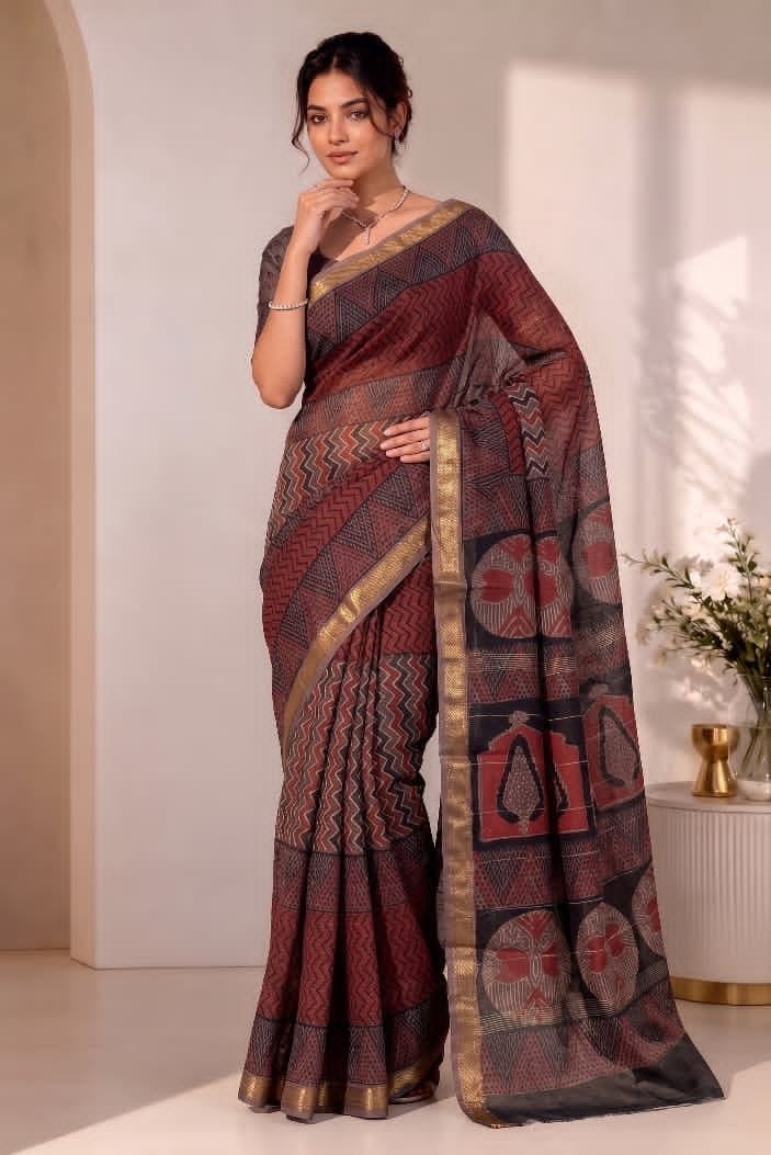 Hand Block Printed Rib Maheshwari Saree