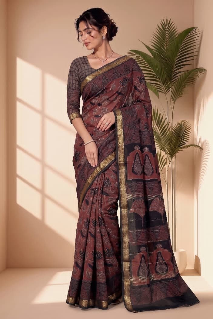 Hand Block Printed Rib Maheshwari Saree