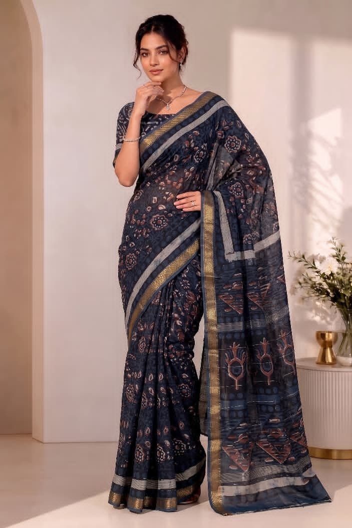 Hand Block Printed Rib Maheshwari Saree