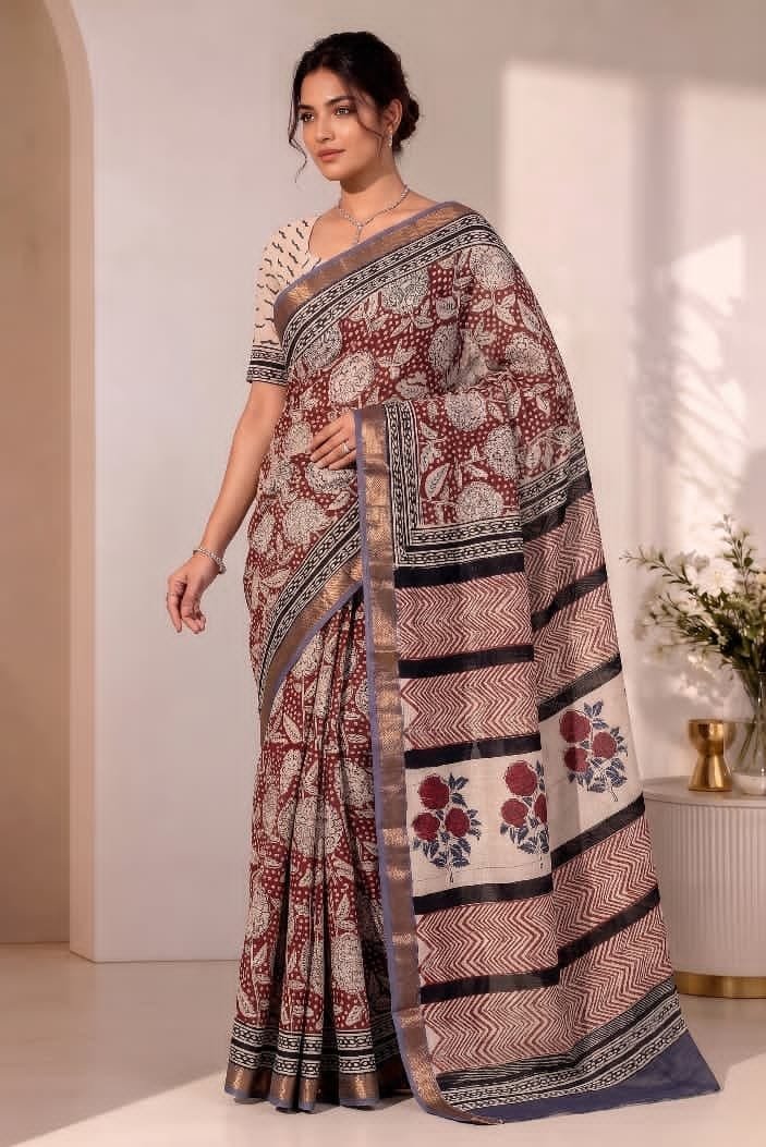 Hand Block Printed Rib Maheshwari Saree