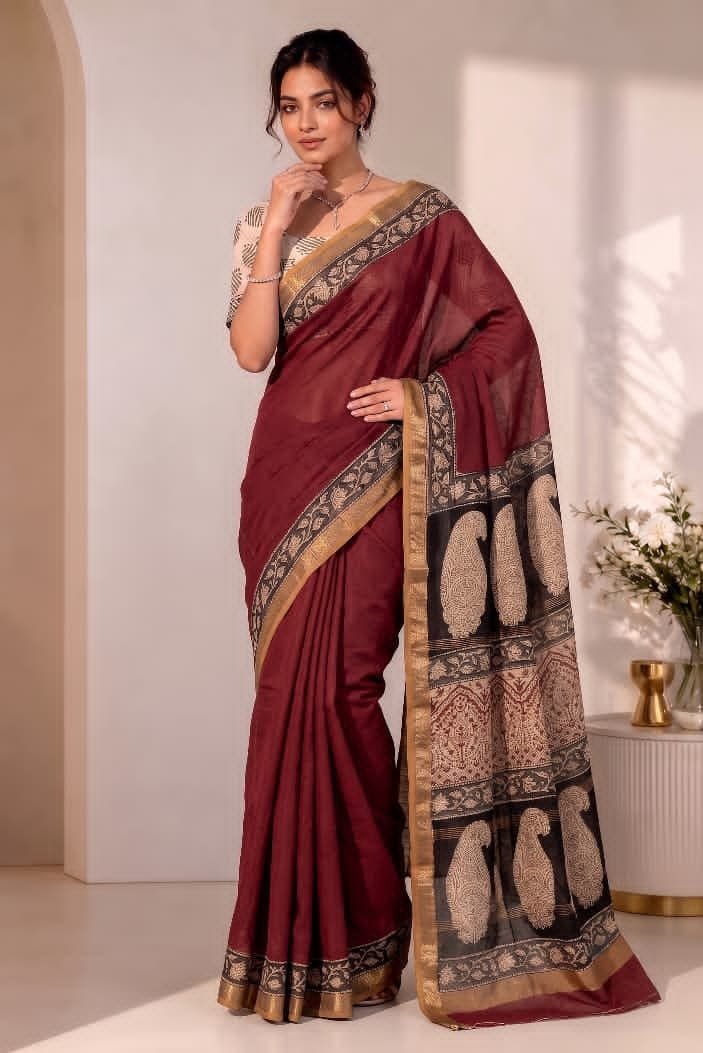 Hand Block Printed Rib Maheshwari Saree