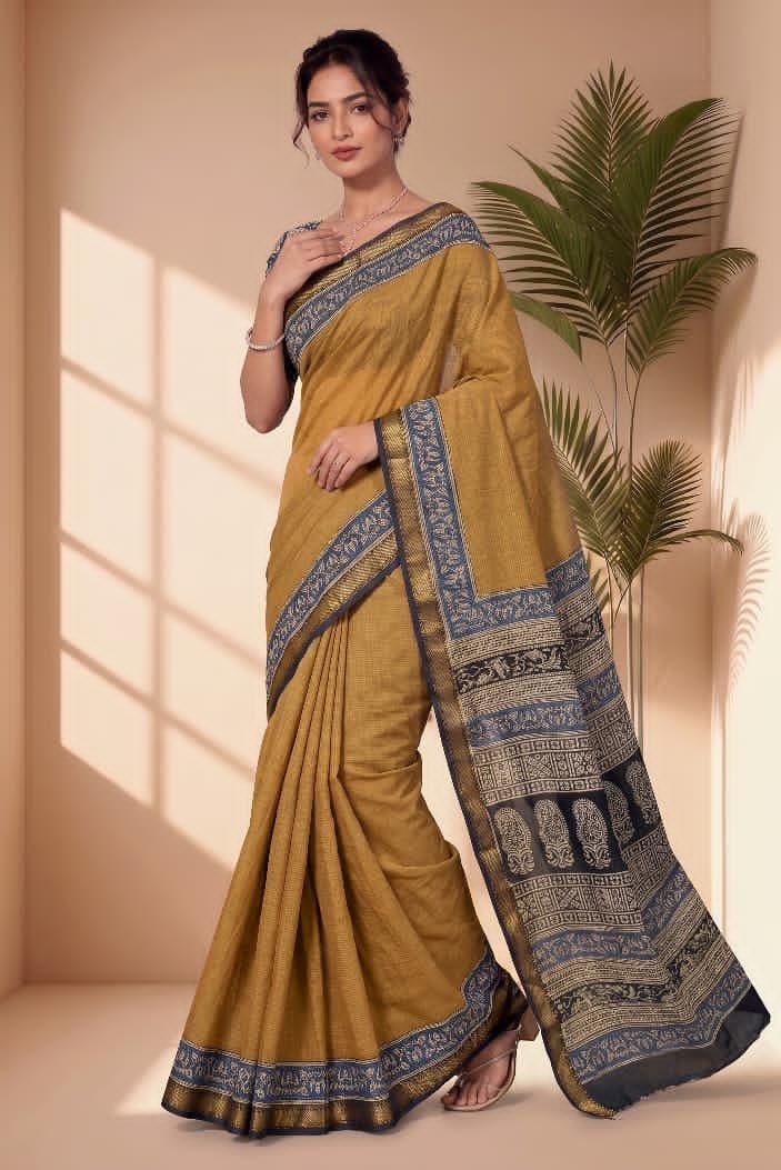 Hand Block Printed Rib Maheshwari Saree