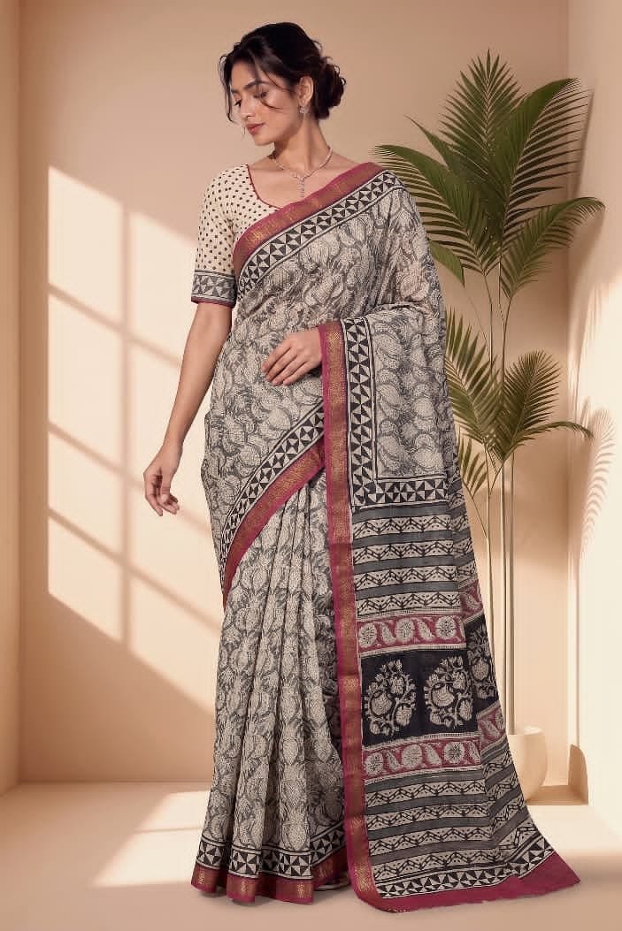 Hand Block Printed Rib Maheshwari Saree
