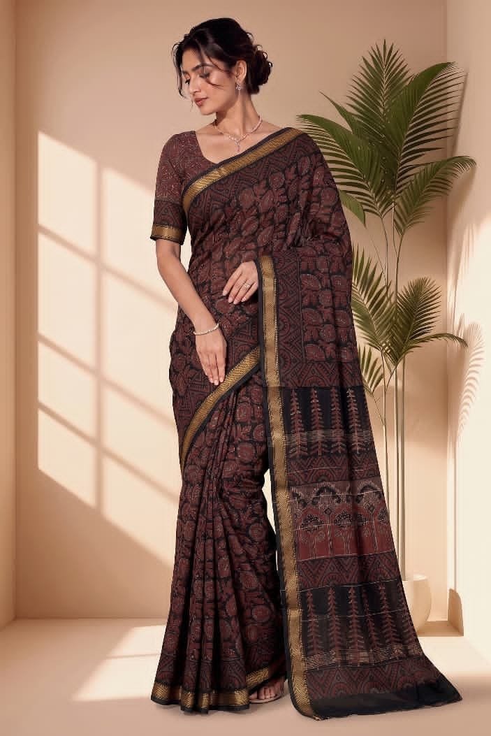Hand Block Printed Rib Maheshwari Saree