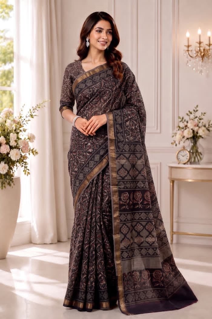 Hand Block Printed Rib Maheshwari Saree
