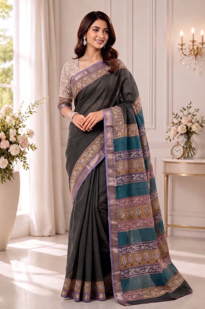 Hand Block Printed Rib Maheshwari Saree