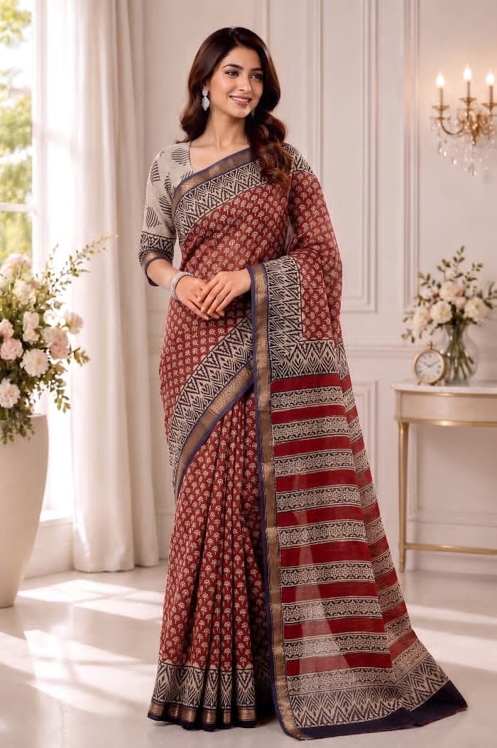 Hand Block Printed Rib Maheshwari Saree