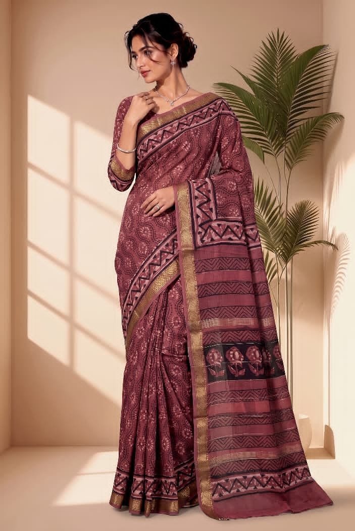 Hand Block Printed Rib Maheshwari Saree