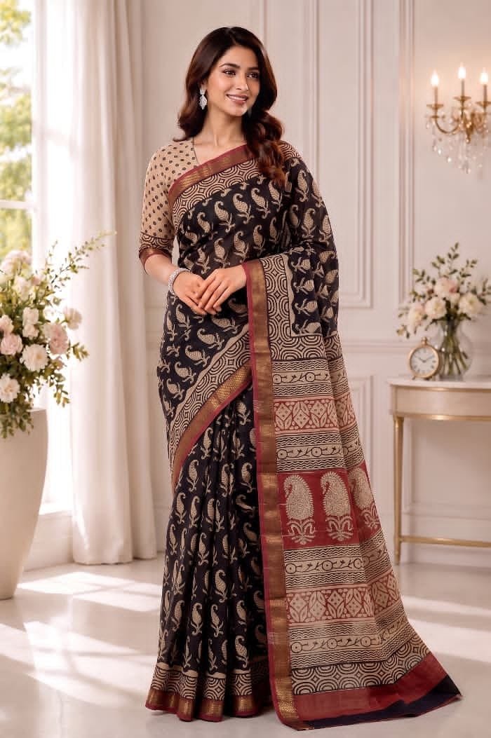 Hand Block Printed Rib Maheshwari Saree