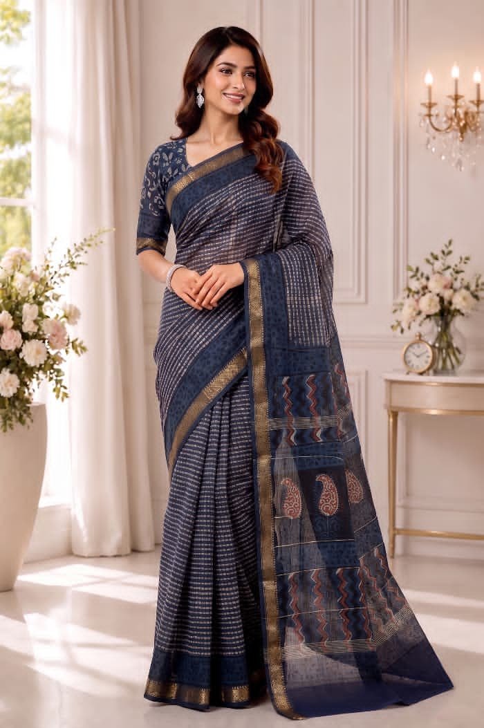 Hand Block Printed Rib Maheshwari Saree