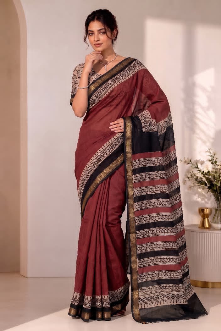 Hand Block Printed Rib Maheshwari Saree