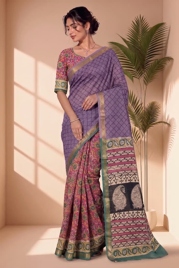 Hand Block Printed Rib Maheshwari Saree