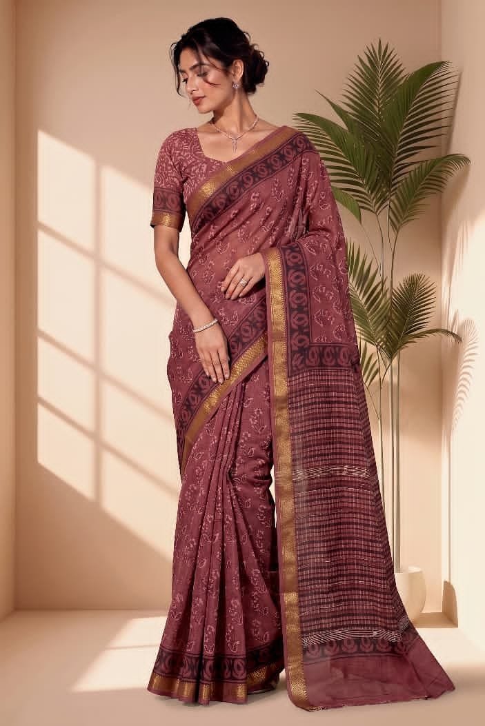 Hand Block Printed Rib Maheshwari Saree