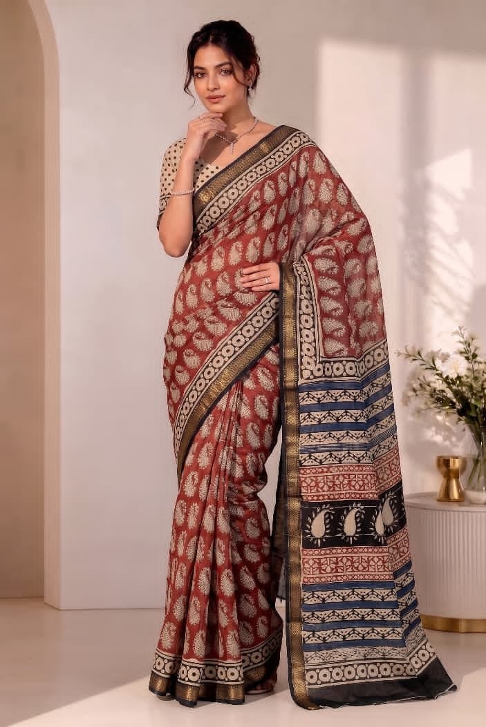 Hand Block Printed Rib Maheshwari Saree