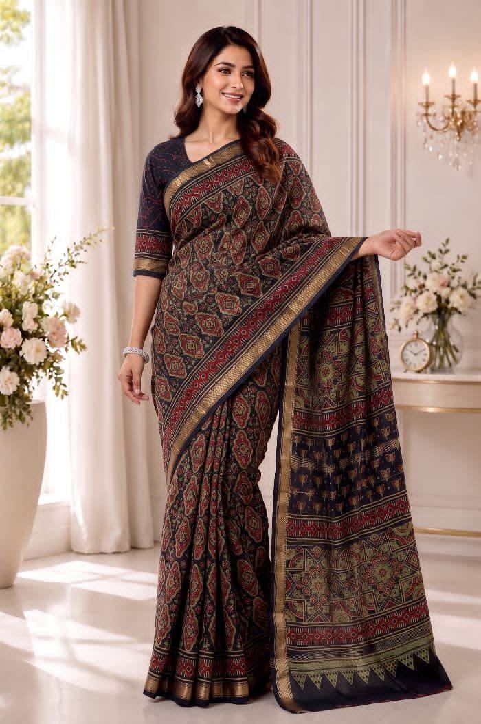 Hand Block Printed Rib Maheshwari Saree