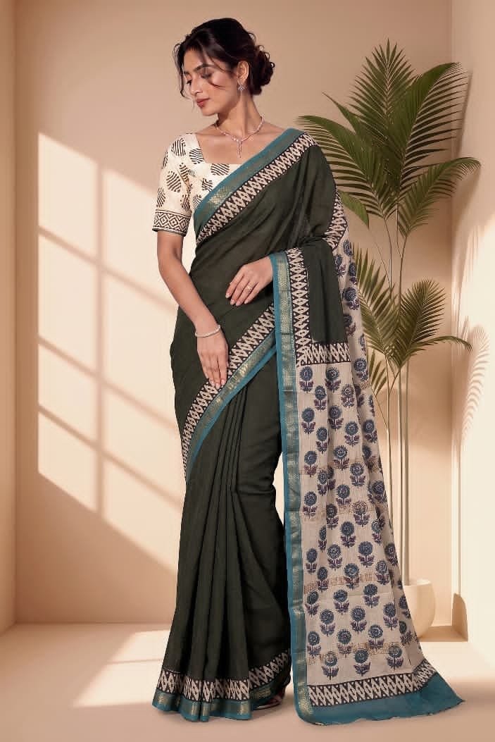 Hand Block Printed Rib Maheshwari Saree