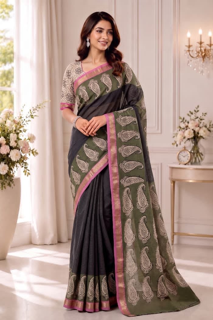 Hand Block Printed Rib Maheshwari Saree