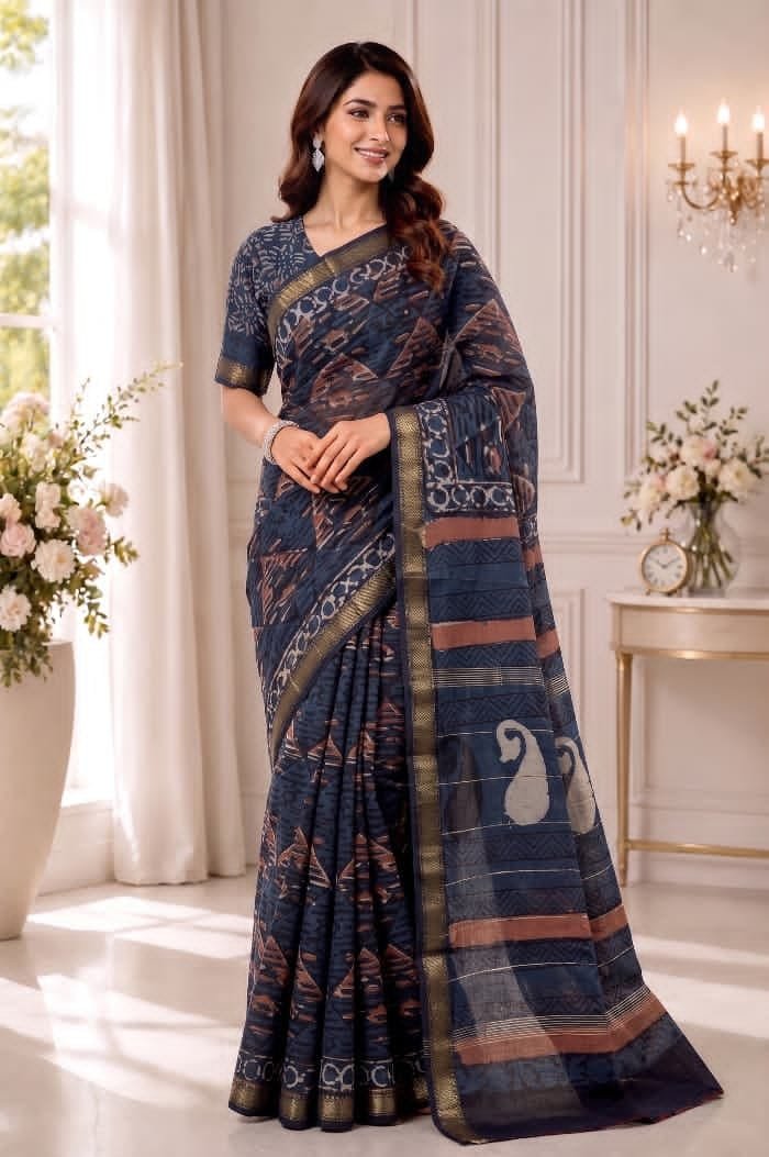 Hand Block Printed Rib Maheshwari Saree