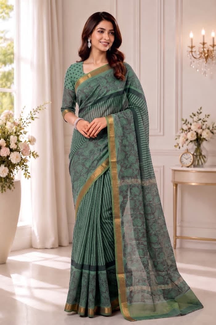 Hand Block Printed Rib Maheshwari Saree