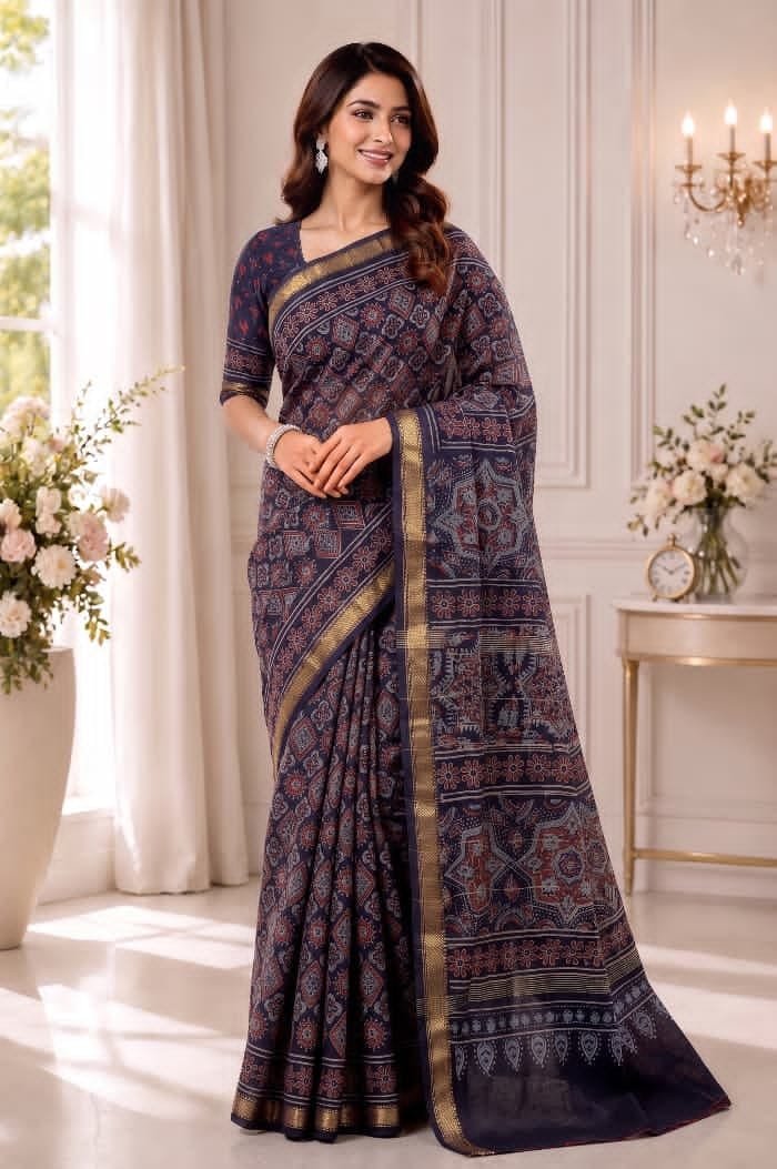 Hand Block Printed Rib Maheshwari Saree