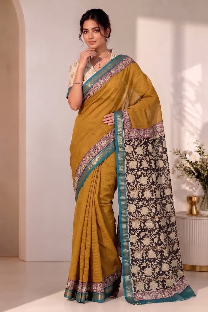 Hand Block Printed Rib Maheshwari Saree